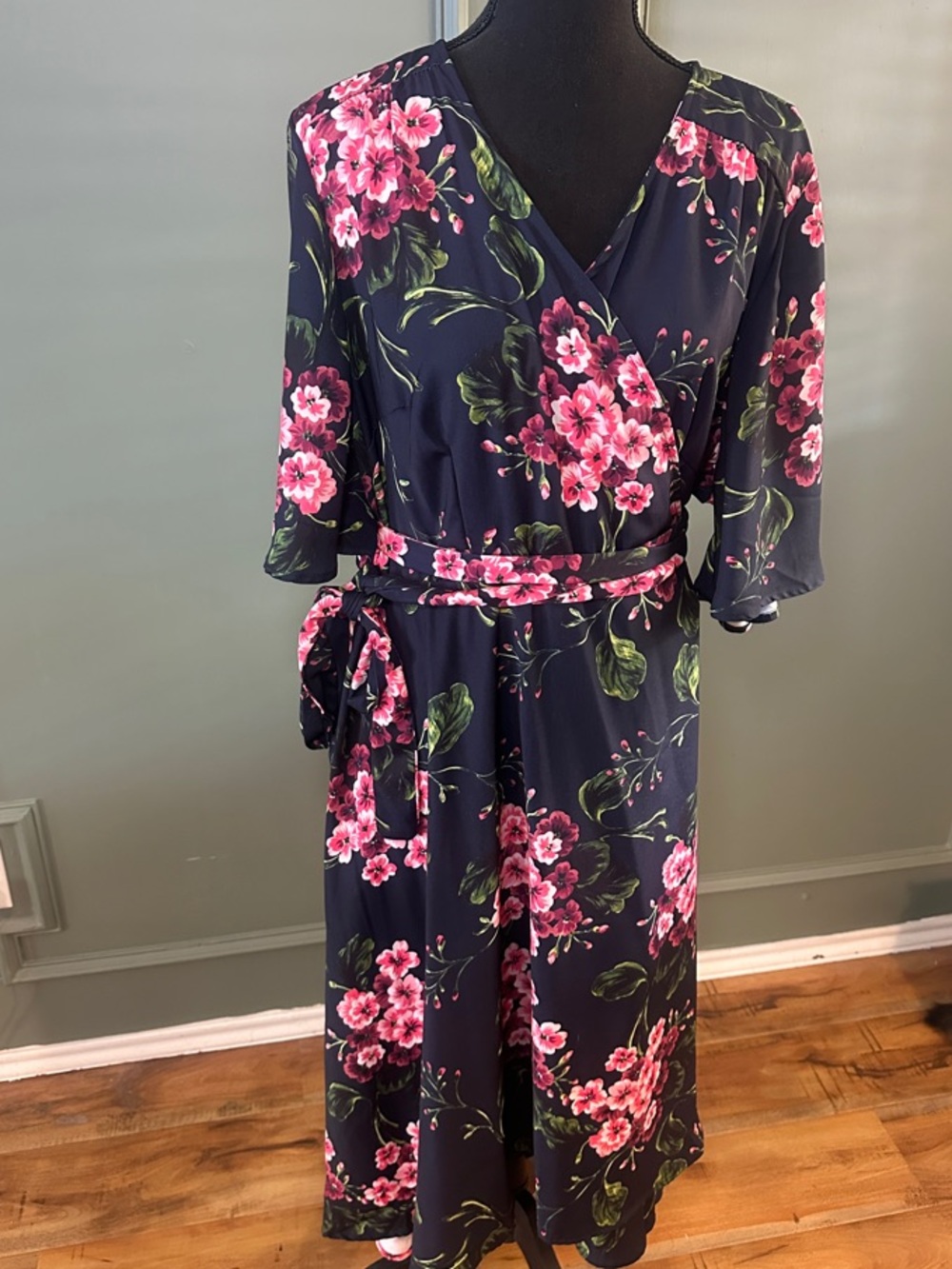 Navy Floral Wrap hi low Midi Dress with Pink Blooms